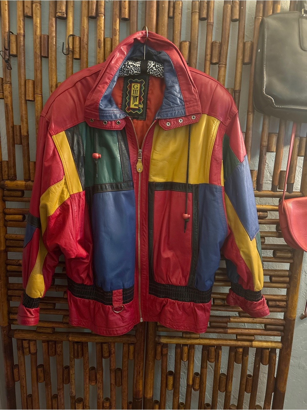 SZ M 90’s GMM LEATHER Lexie Duncan Karen color block leather jacket funnel neck